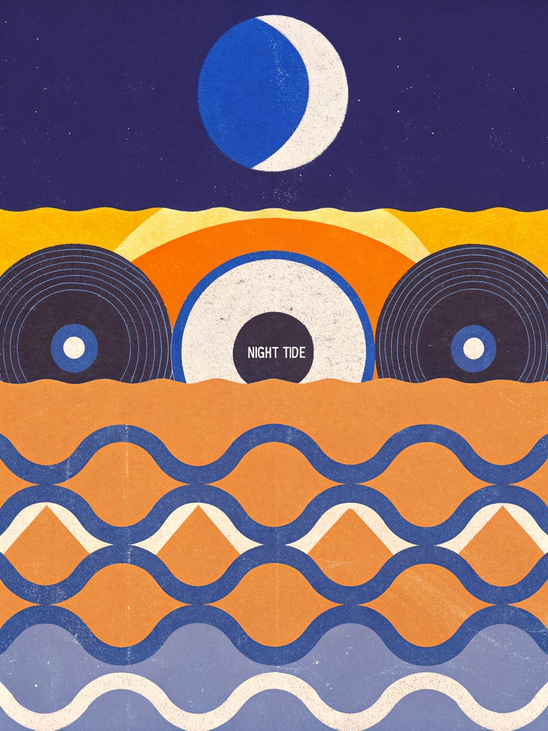 NIGHT TIDE music artwork with printed crescent moon, record circles and layered waves.