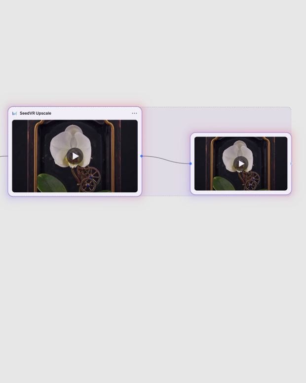 SeedVR Upscale workflow in Fuser showing the connected high-detail clockwork orchid result.