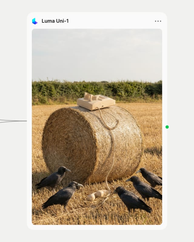Luma Uni-1 result: a beige office phone on a hay bale in a stubble field, handset in the stubble, rooks gathered round