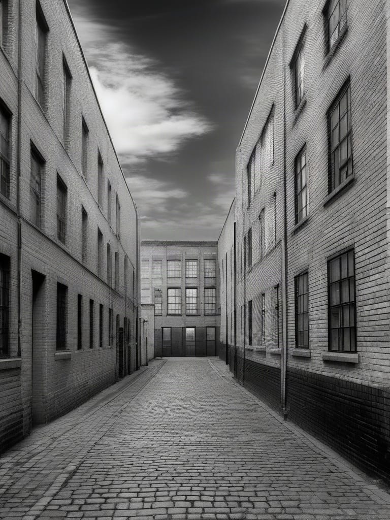 Archival-style urban perspective rendered with SDXL ControlNet using a dedicated MLSD street line map.