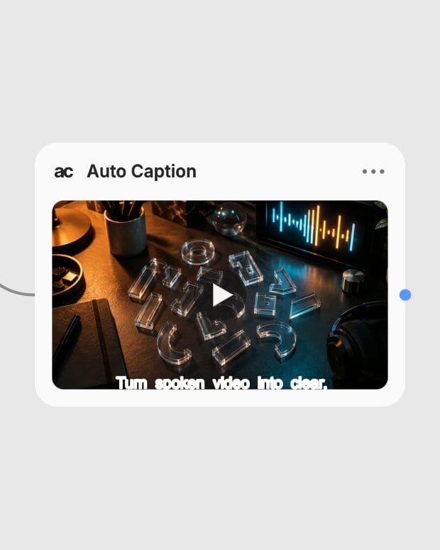 Auto Caption result showing synchronized white subtitles over a studio waveform scene.