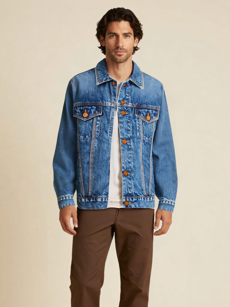 Fashn Tryon result showing a vintage indigo denim jacket with contrasting stitching.