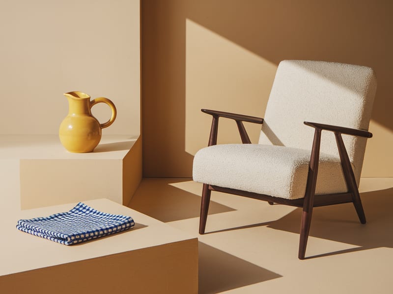 Yellow ceramic pitcher, blue checked cloth and oatmeal chair blended into one sunlit set.