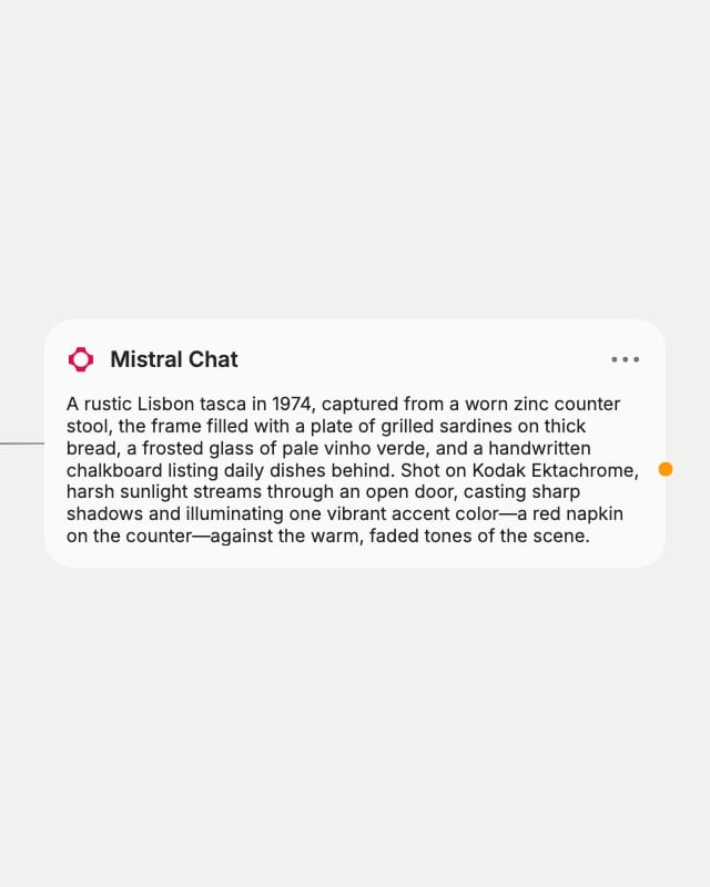 Mistral Chat node output: a one-paragraph image prompt for a 1974 Lisbon tasca lunch, ready for an image node