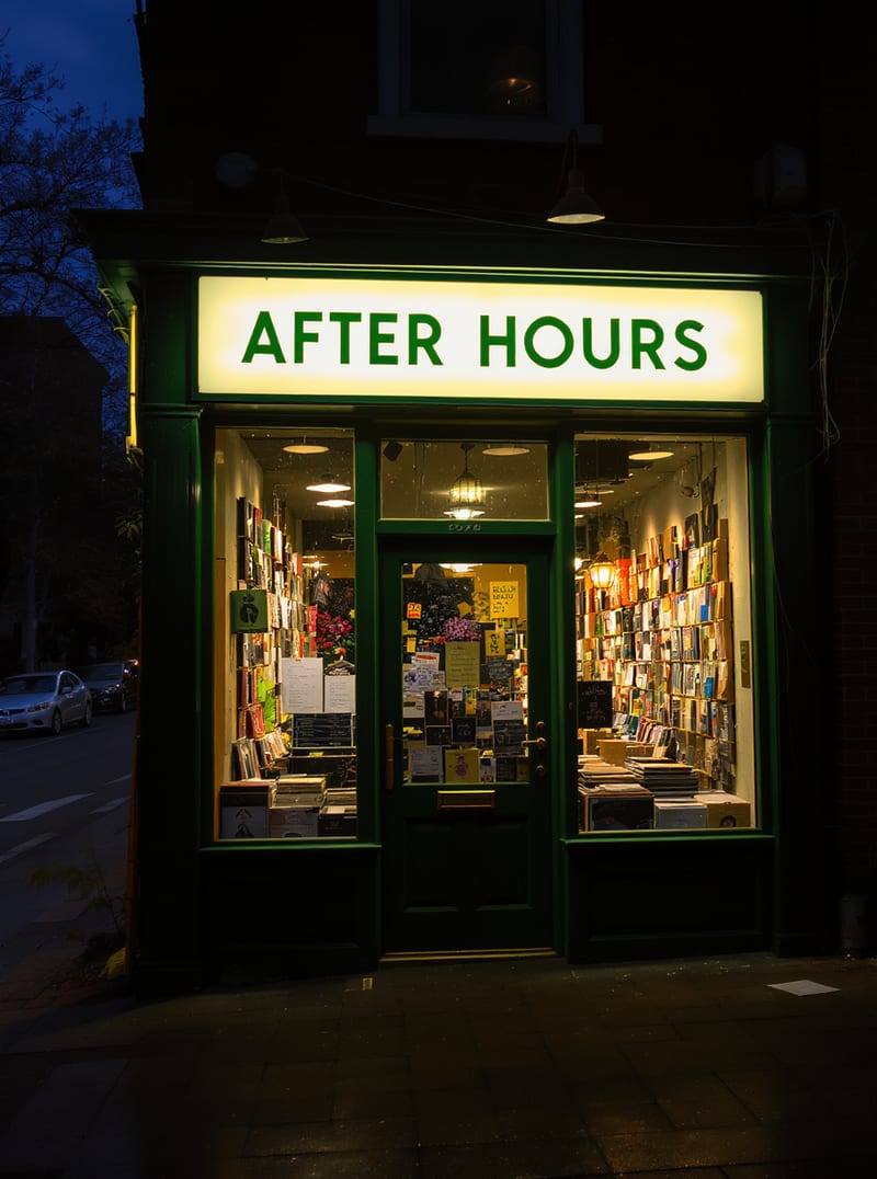 Illuminated AFTER HOURS sign above a dark green record-shop entrance at dusk.