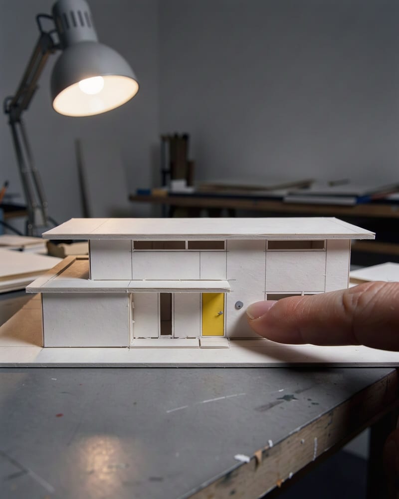 A giant fingertip pressing the doorbell of a white card architectural model house with a tiny yellow front door, lit by a desk lamp