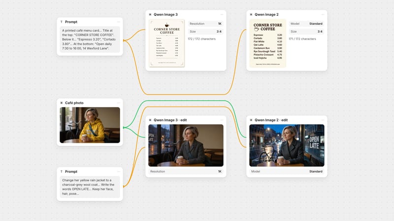 Fuser canvas: one menu prompt wired to Qwen Image 3 and Qwen Image 2, and one café photo with an edit prompt wired to both models, each showing its real output.