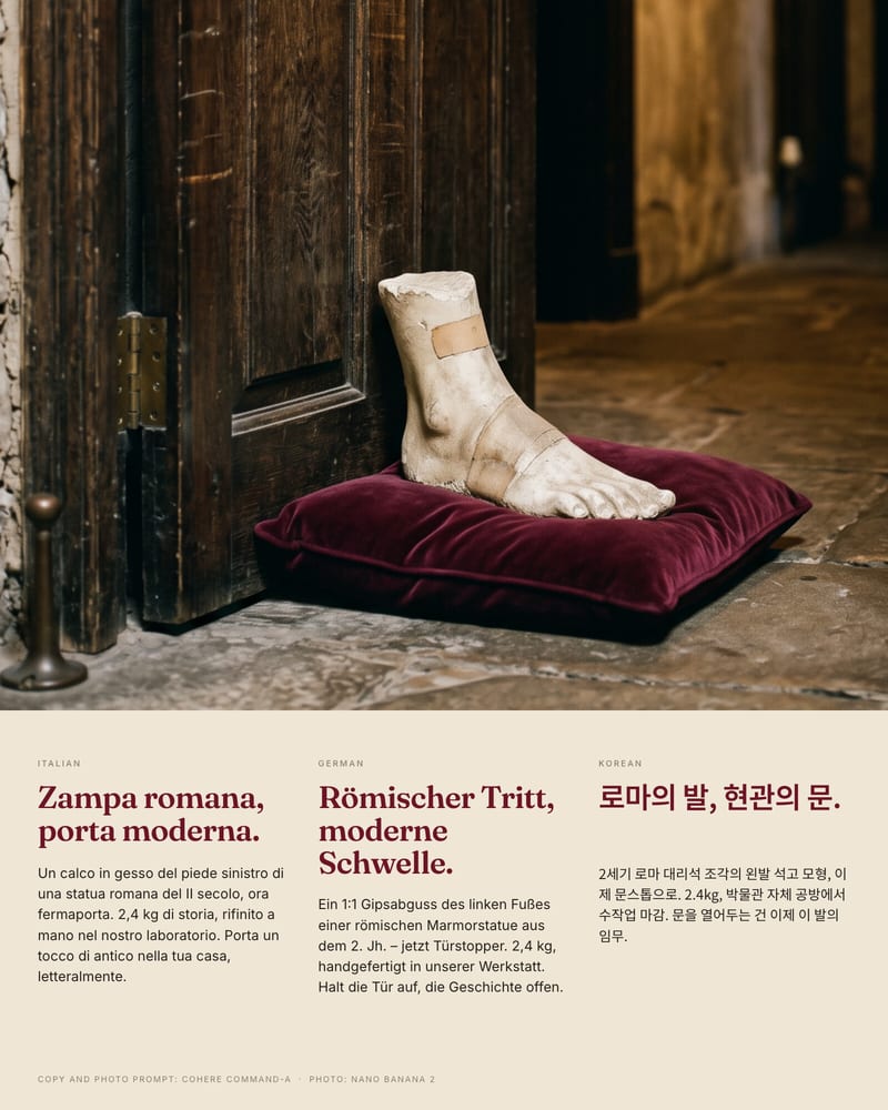 Plaster cast of a Roman foot on a burgundy cushion propping an oak door, above doorstop copy in Italian, German and Korean