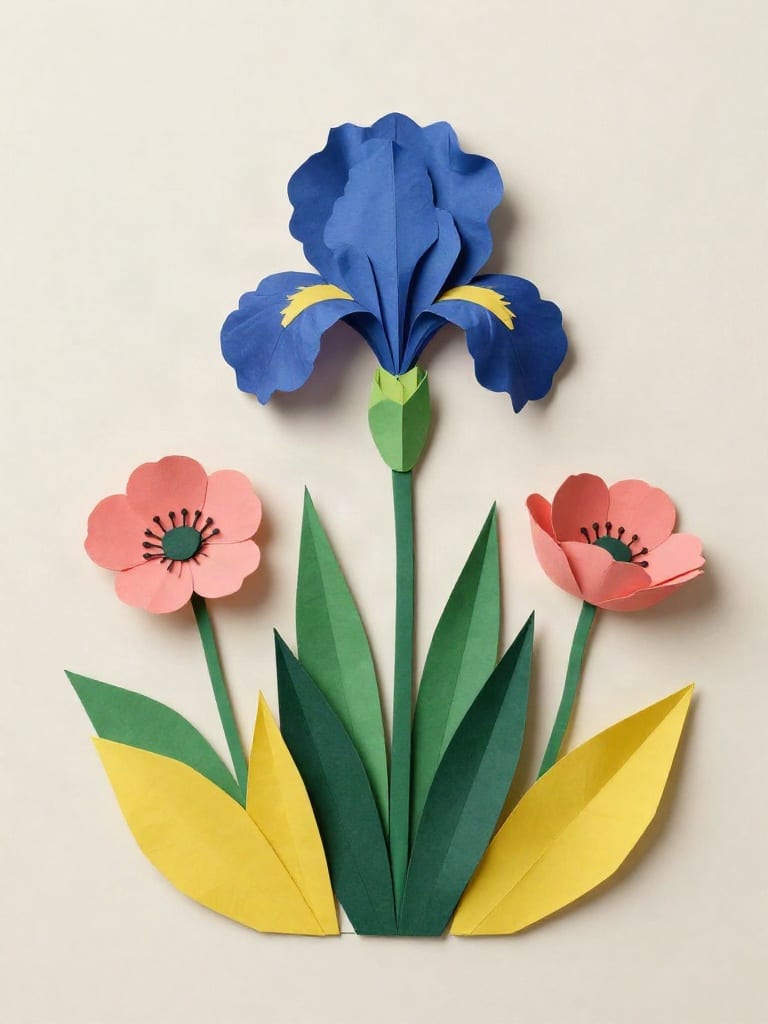 Paper sculpture of a blue iris, coral flowers and folded green and yellow leaves, generated with Z-Image.