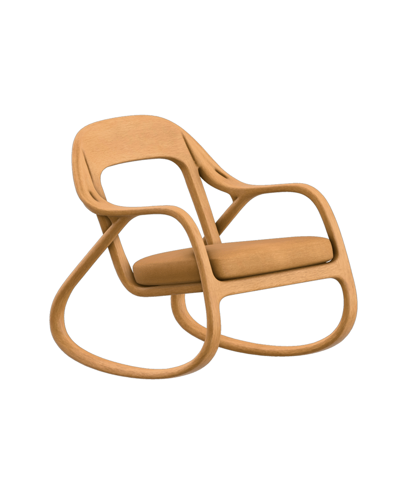 organic sculptural bentwood rocking chair in honey oak and warm linen, continuous curved frame — rendered from a native trellis-2 3D generation