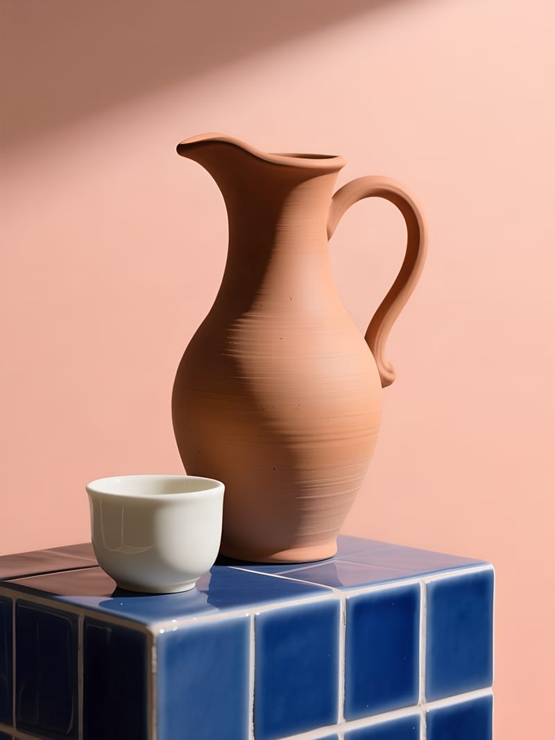 Terracotta pitcher and cream cup product concept enlarged with Recraft Upscale.