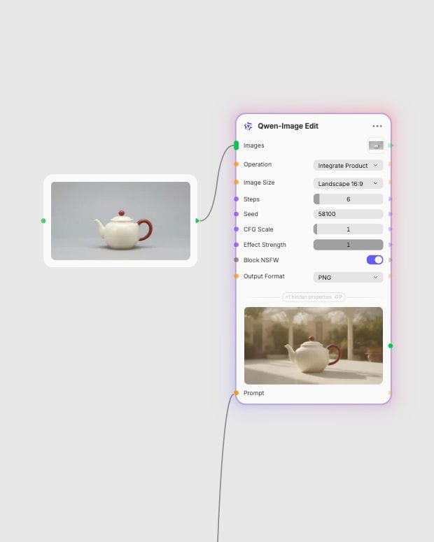 Original teapot reference connected to the Qwen-Image Edit Integrate Product operation in Fuser.
