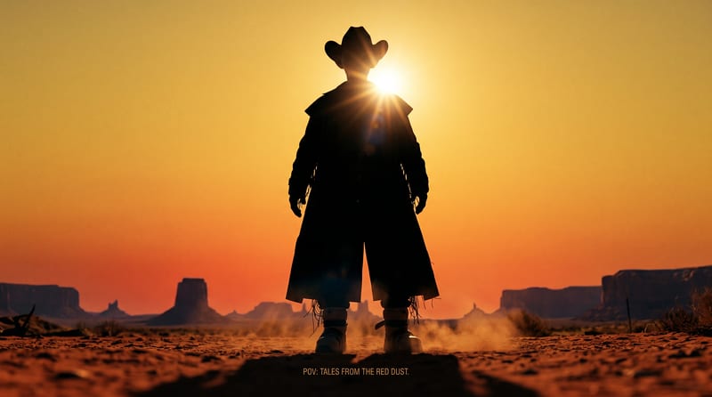 Cinematic frame concept of a lone cowboy silhouetted against an orange desert sunset.