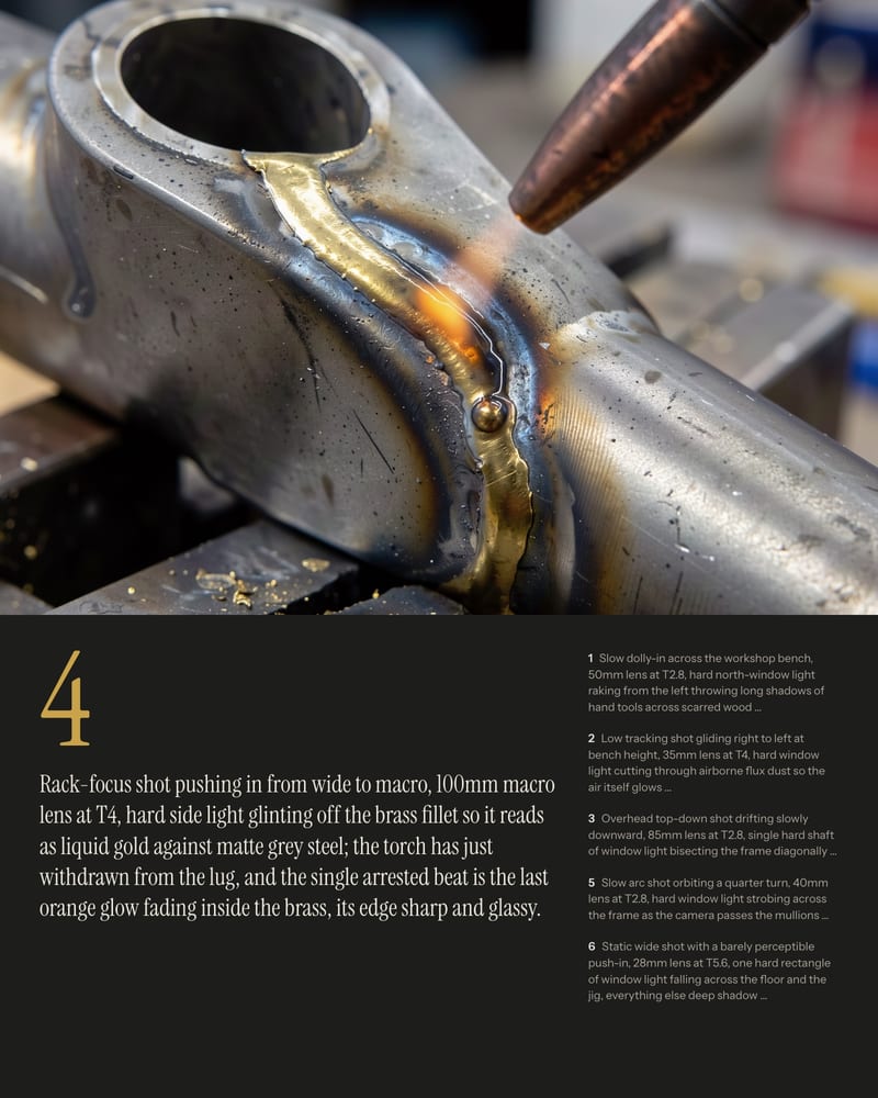Macro of a brass-brazed steel bicycle lug beside a torch tip, over six numbered video prompts for a 1956 Milan frame workshop