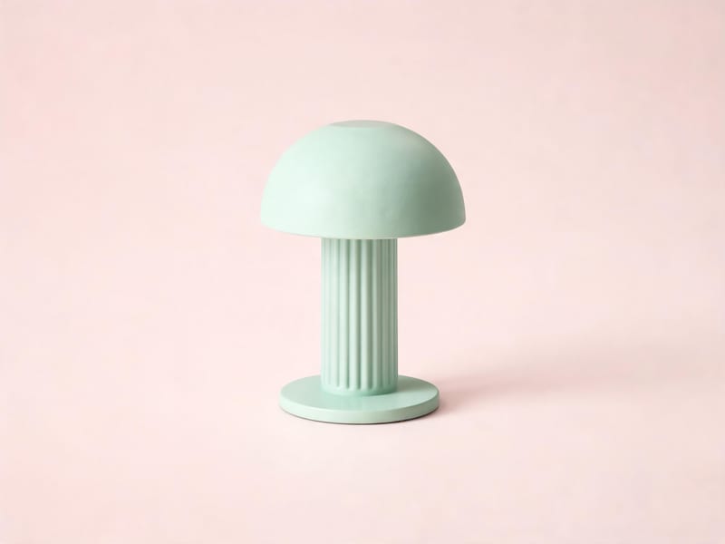 Mint-green mushroom-shaped table lamp on a pale rose background, generated with Seedream 5.0 Lite.
