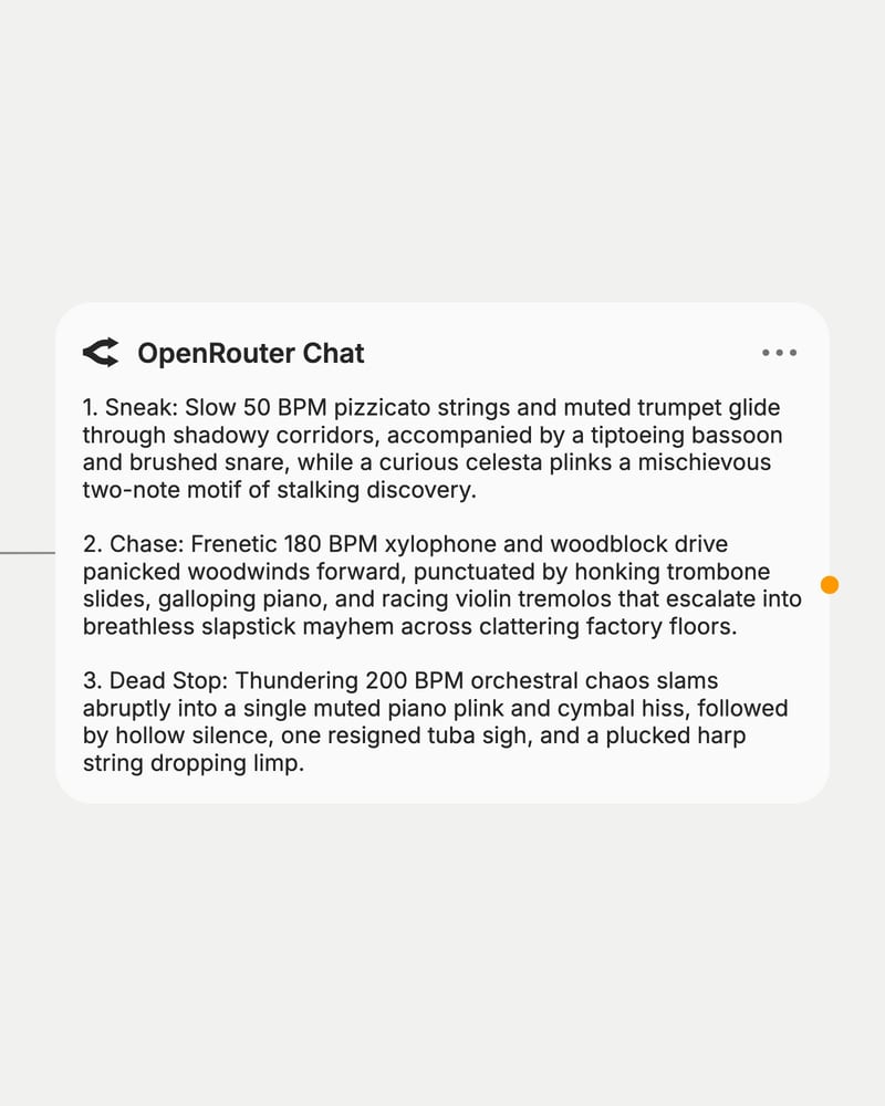 OpenRouter Chat output: three numbered music-model prompts for the sneak, chase and dead stop of a puppet chase in a 1930s hat factory