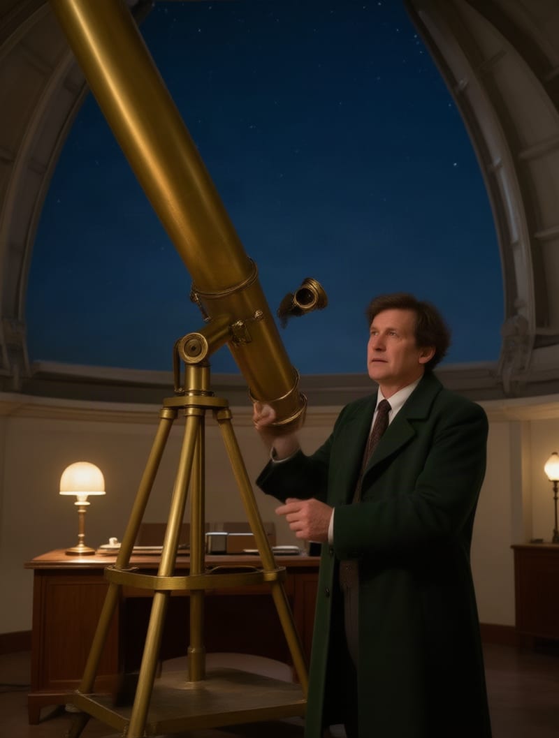 Astronomer adjusting a brass telescope in a closer continuation of the observatory scene.