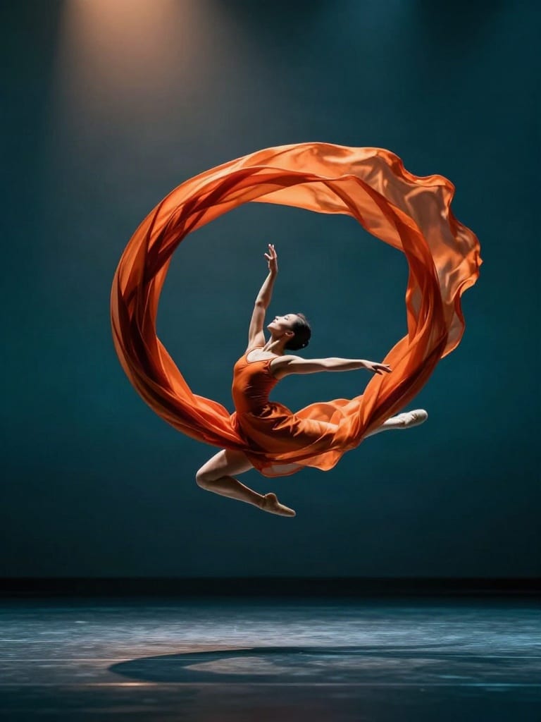Dancer leaping through a swirling orange silk ribbon against a dark teal stage, generated with Z-Image.