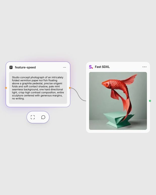 A connected text prompt and completed Fast SDXL origami koi node in Fuser.