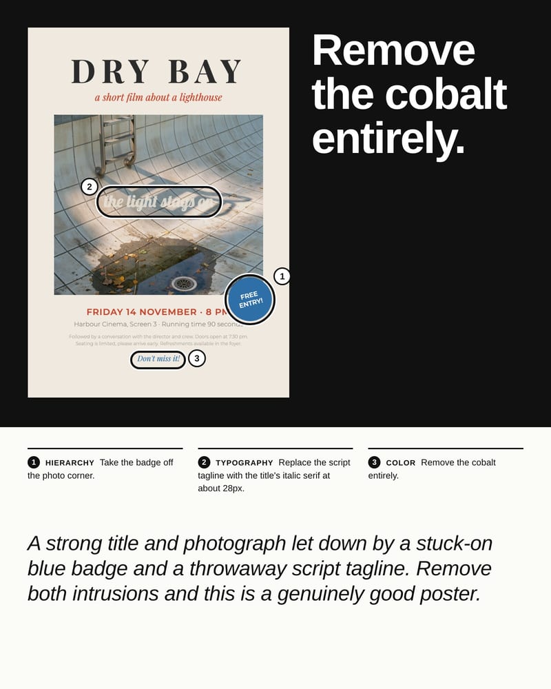 Film poster with three numbered rings on black beside "Remove the cobalt entirely." in large type, three fixes and a verdict below