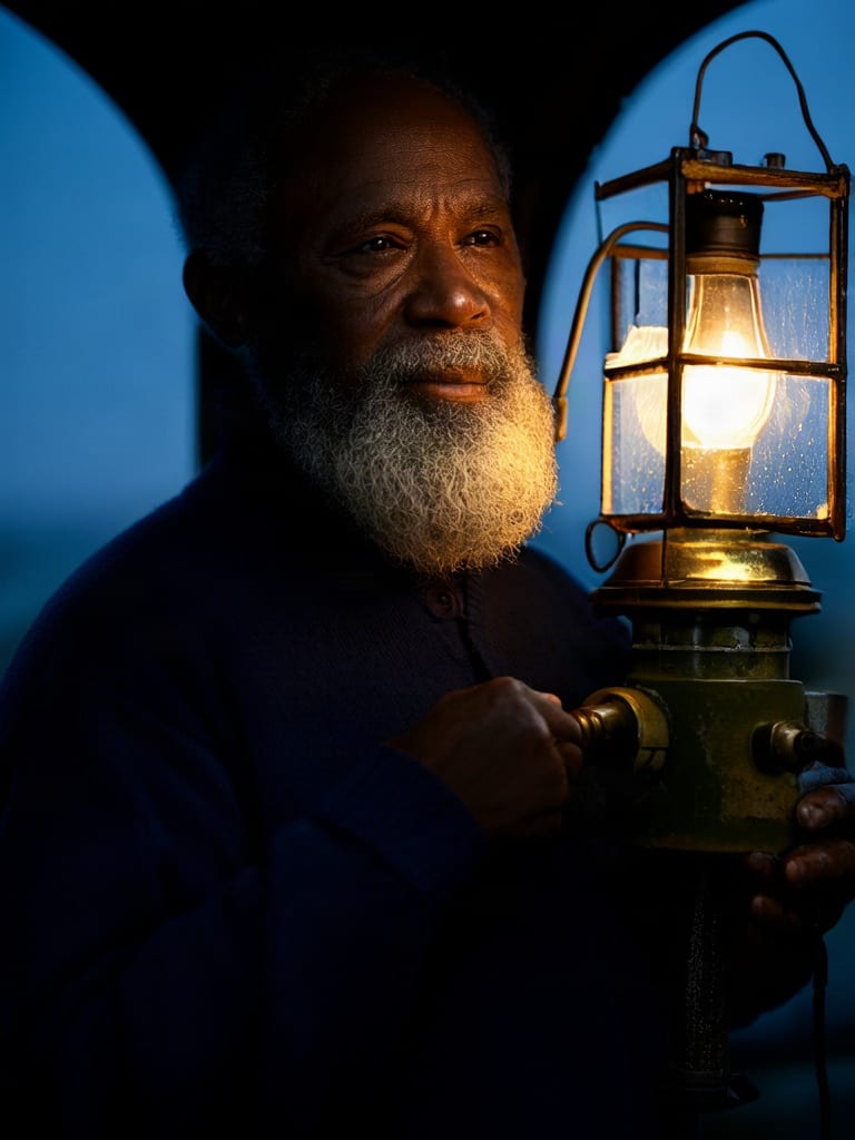 Older Black lighthouse keeper holding a glowing lantern at blue hour, generated with Wan-2.2 Lite.