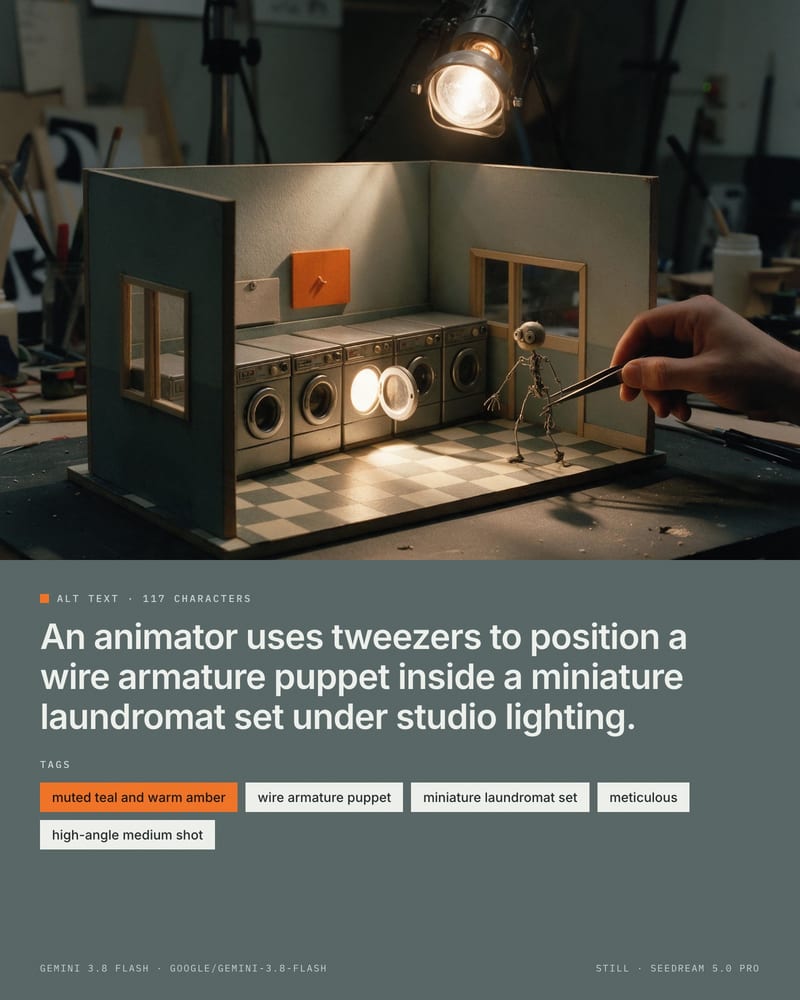 Animator's tweezers posing a wire puppet in a miniature laundrette set, with Gemini 3.8 Flash alt text and five tags below