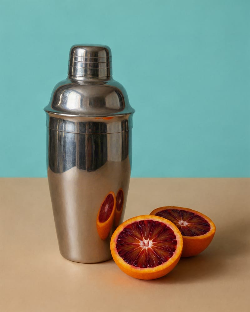 Polished steel cocktail shaker beside two halved blood oranges on a beige table, the fruit reflected in its curved body against a turquoise wall