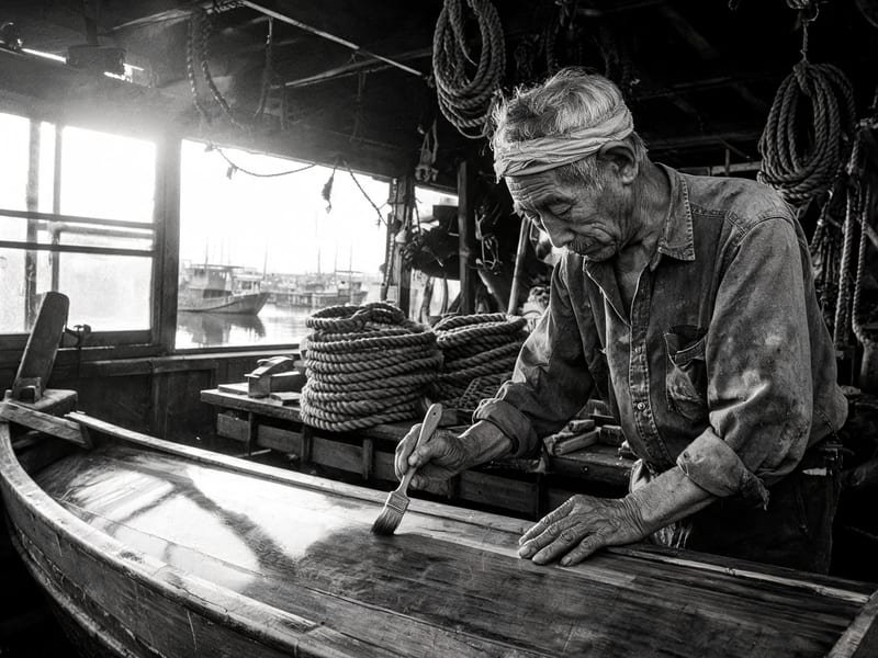 Fictional black-and-white documentary scene of a craftsperson restoring a wooden boat, generated with Seedream 5.0 Lite.