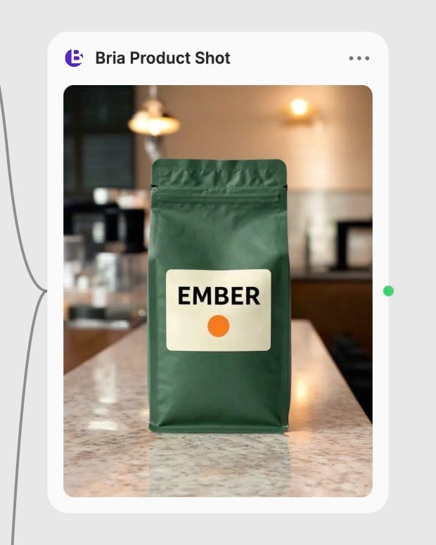 The completed EMBER coffee-bag staging displayed in its actual Bria Product Shot node in Fuser.