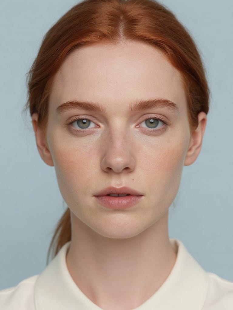 Skin Enhancer portrait of a red-haired woman with fine visible skin grain against a pale blue background.