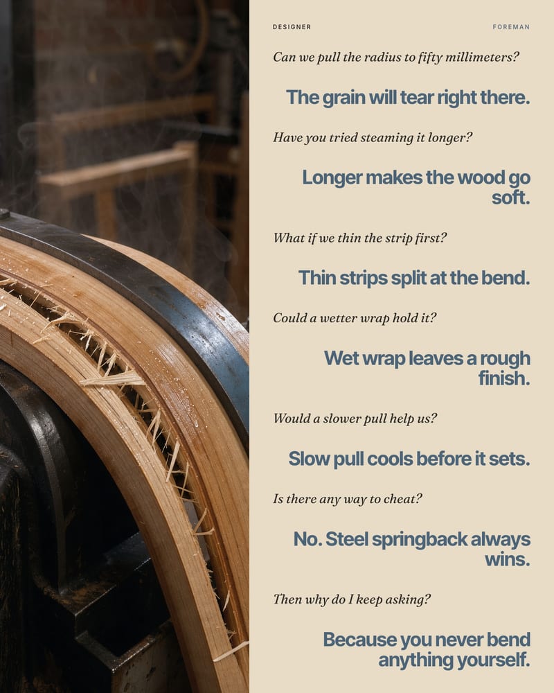 Split beech armrest strapped to an iron bending form, beside a designer's italic questions and a foreman's bold blue answers