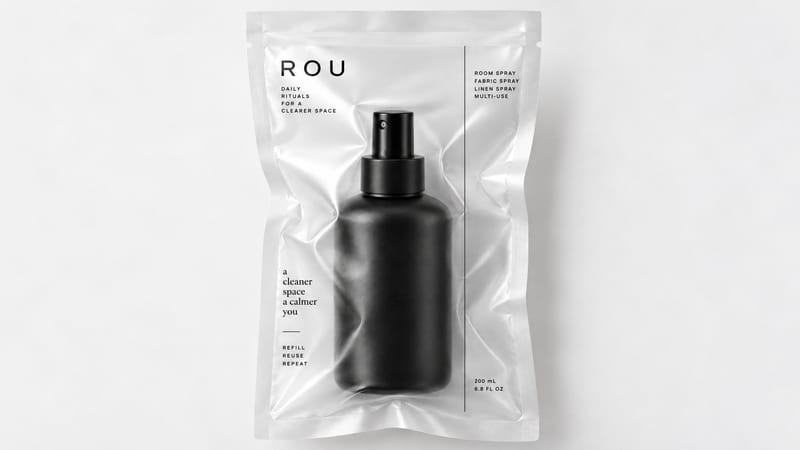 Minimal black spray bottle and transparent product packaging on a white background.