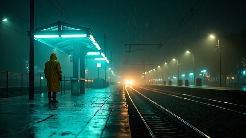Cinematic concept of a traveler on a wet railway platform under cyan lights, generated with FLUX.1 Dev.