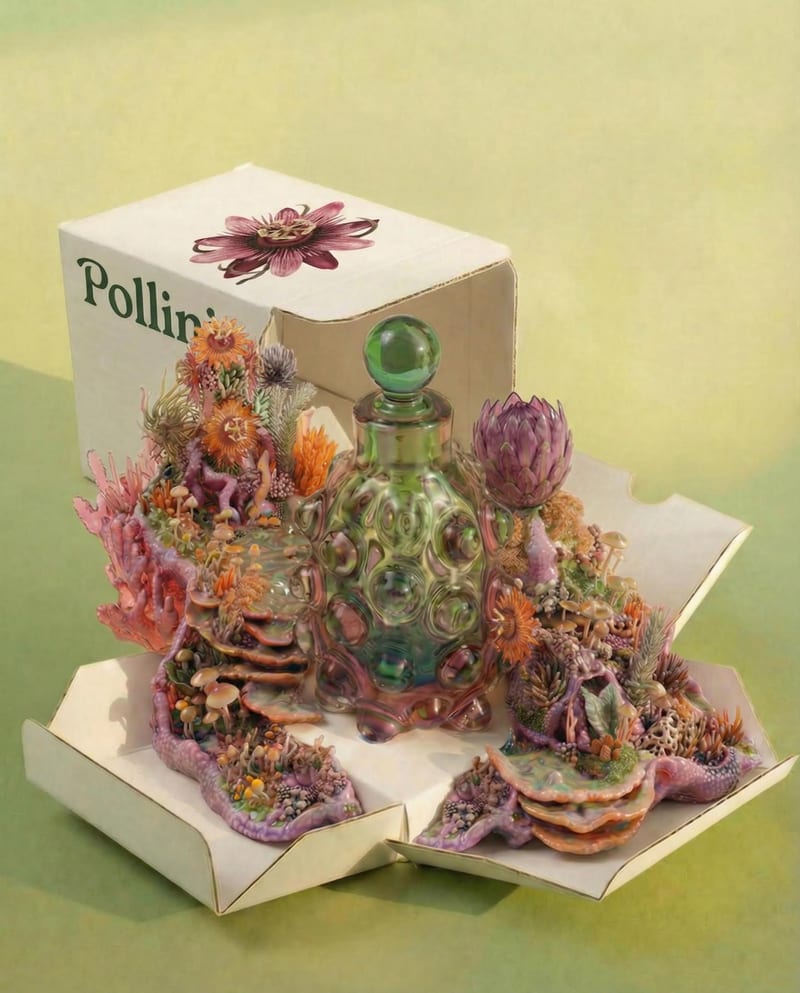 Perfume packaging concept with a green glass bottle, colorful floral forms and an open presentation box.