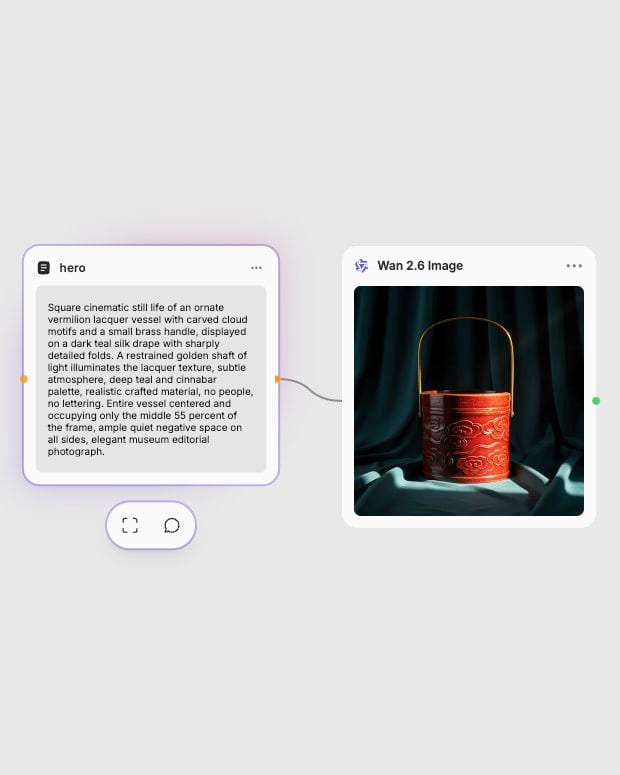 Text prompt connected to Wan 2.6 Image in Fuser with the generated lacquer vessel.