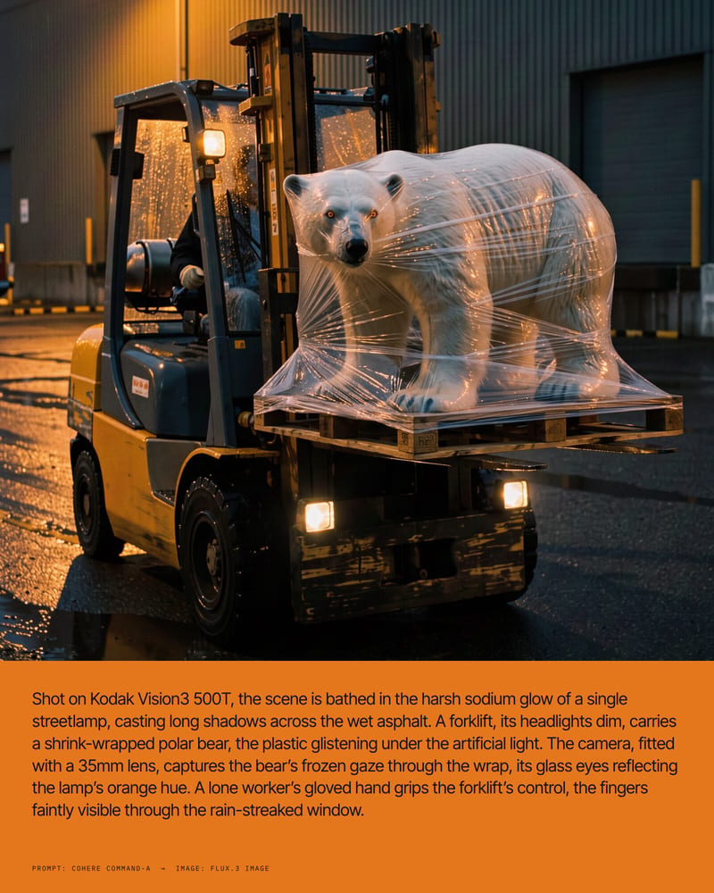 Shrink-wrapped taxidermy polar bear on a forklift under sodium light, above the orange panel holding the prompt that described it