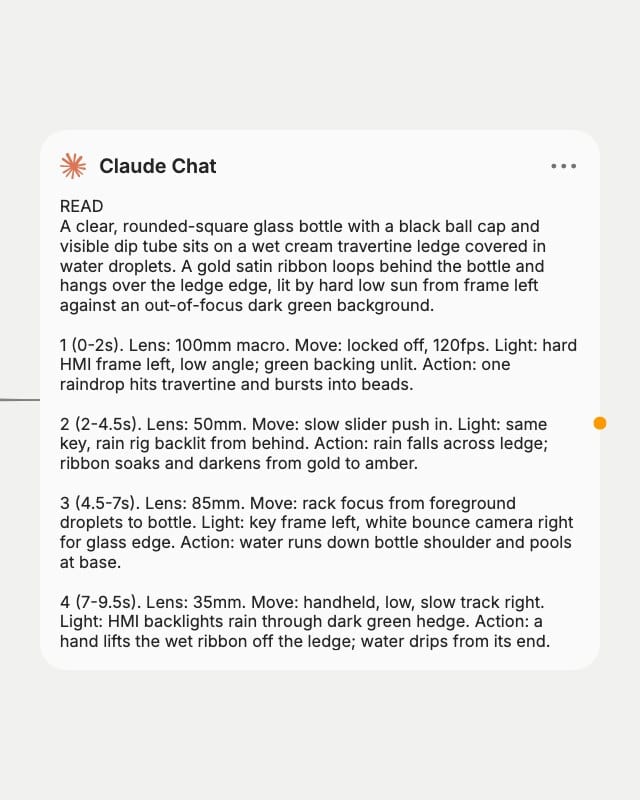 Claude Chat node output: a READ description of a perfume still followed by shots 1 to 4 with lens, move, light and action
