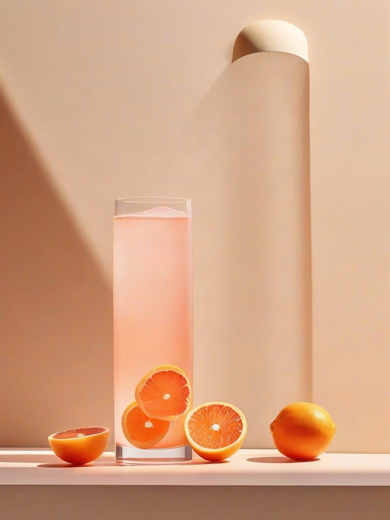 Grapefruit drink with sliced citrus and sculptural cream props.