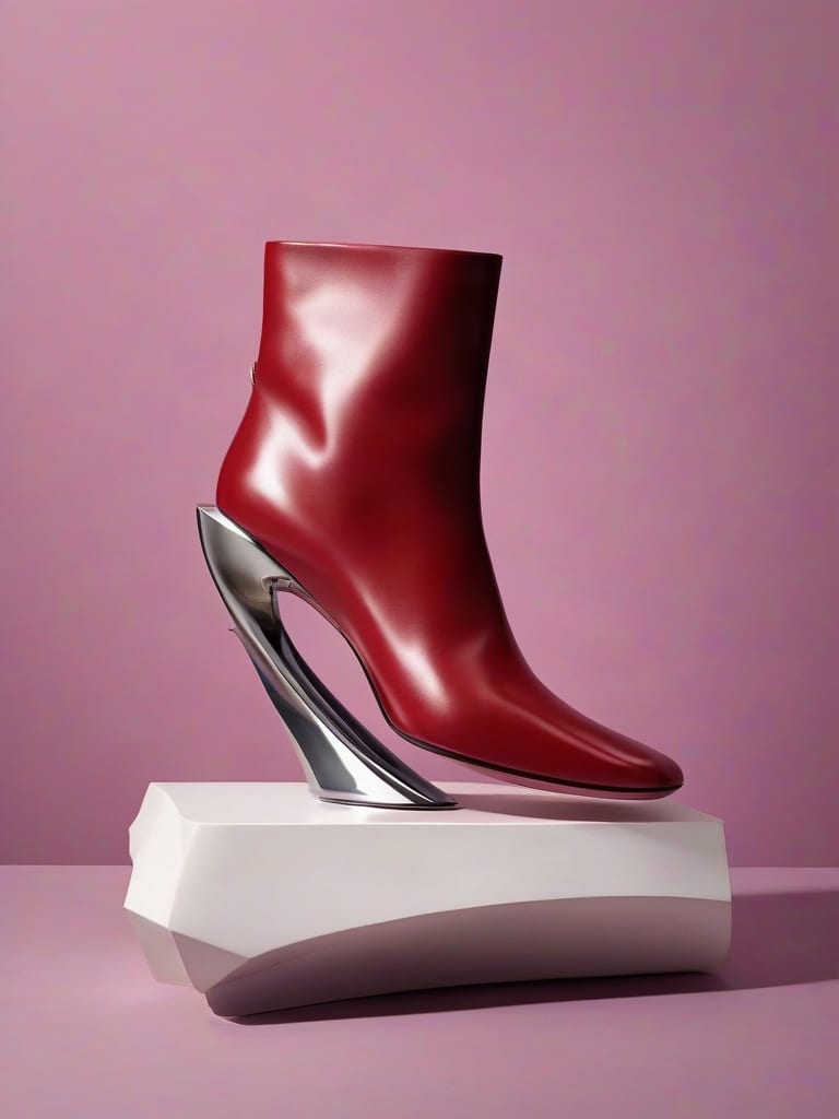 Sculptural red leather ankle boot with a curved metallic heel on a pale pedestal.