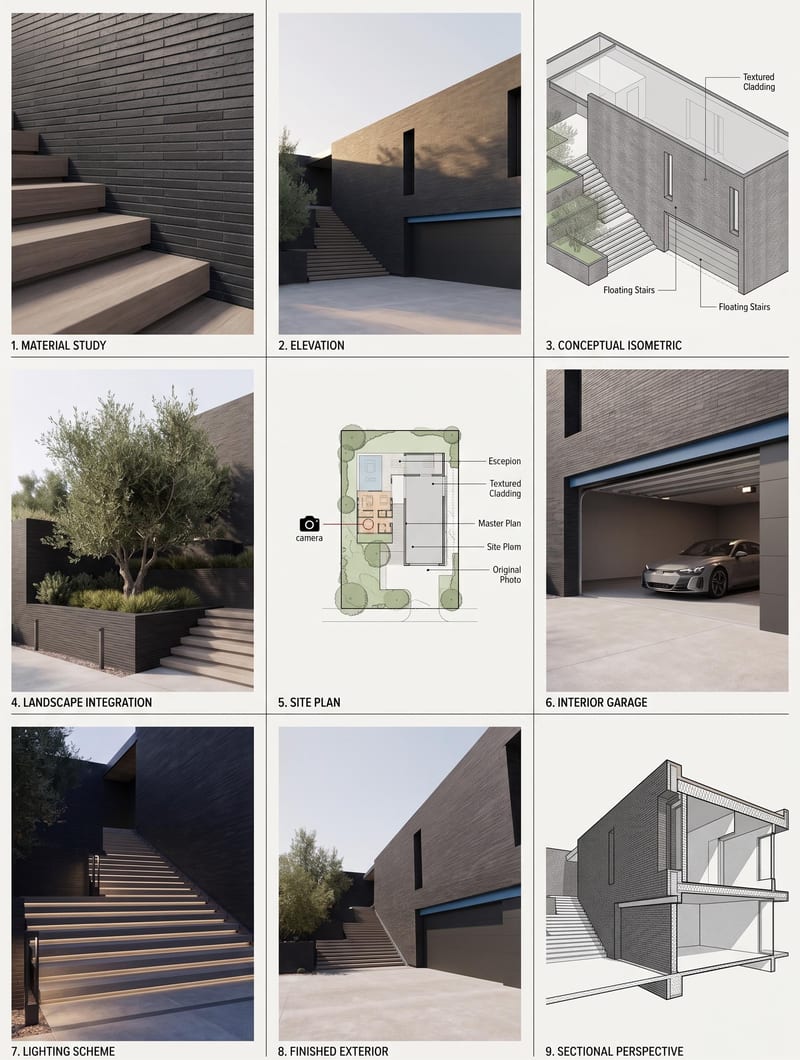 Architectural presentation concept combining exterior views, a site-plan study and building-detail illustrations.
