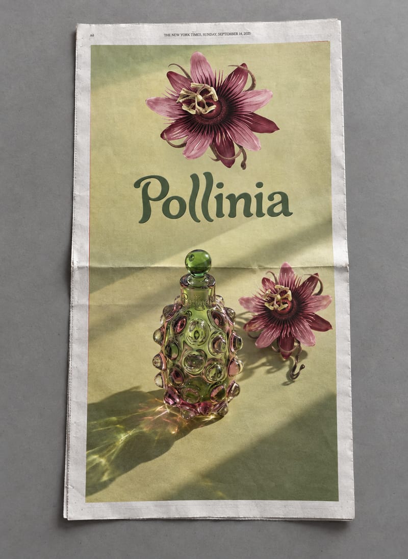 Vintage-style Pollinia perfume poster concept with a decorative bottle, flowers and green typography.