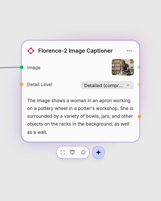 The real Florence-2 node with Detailed caption level selected and the generated pottery workshop caption.