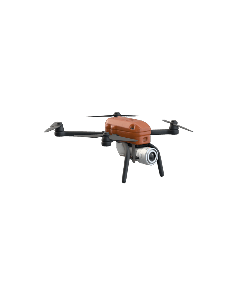 Burnt-orange autonomous camera drone generated by Rodin