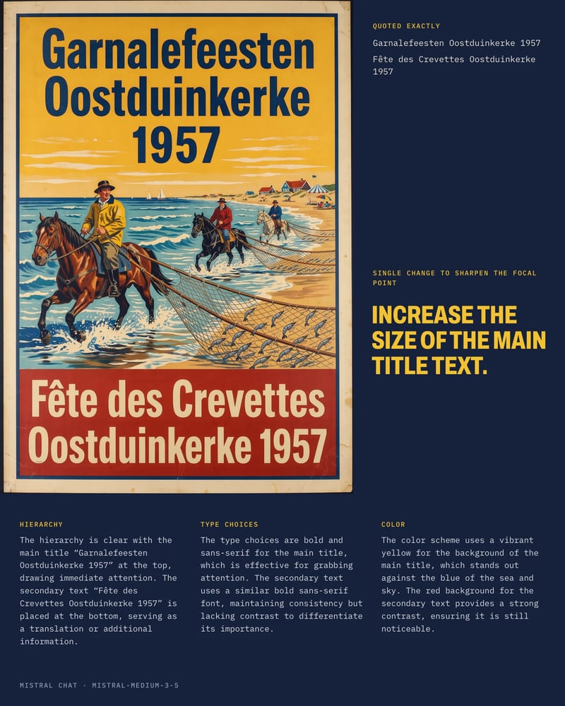 1957 Oostduinkerke shrimp-festival poster with fishermen on horseback beside a critique that quotes its text and names one change