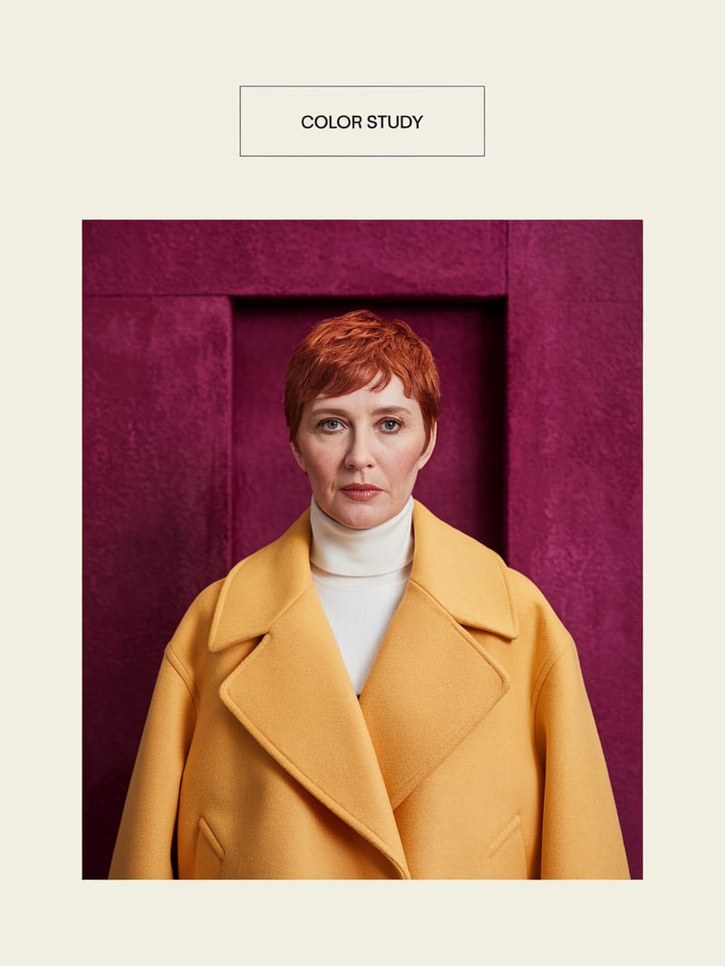 COLOR STUDY lookbook with a copper-haired woman in a yellow coat against magenta.