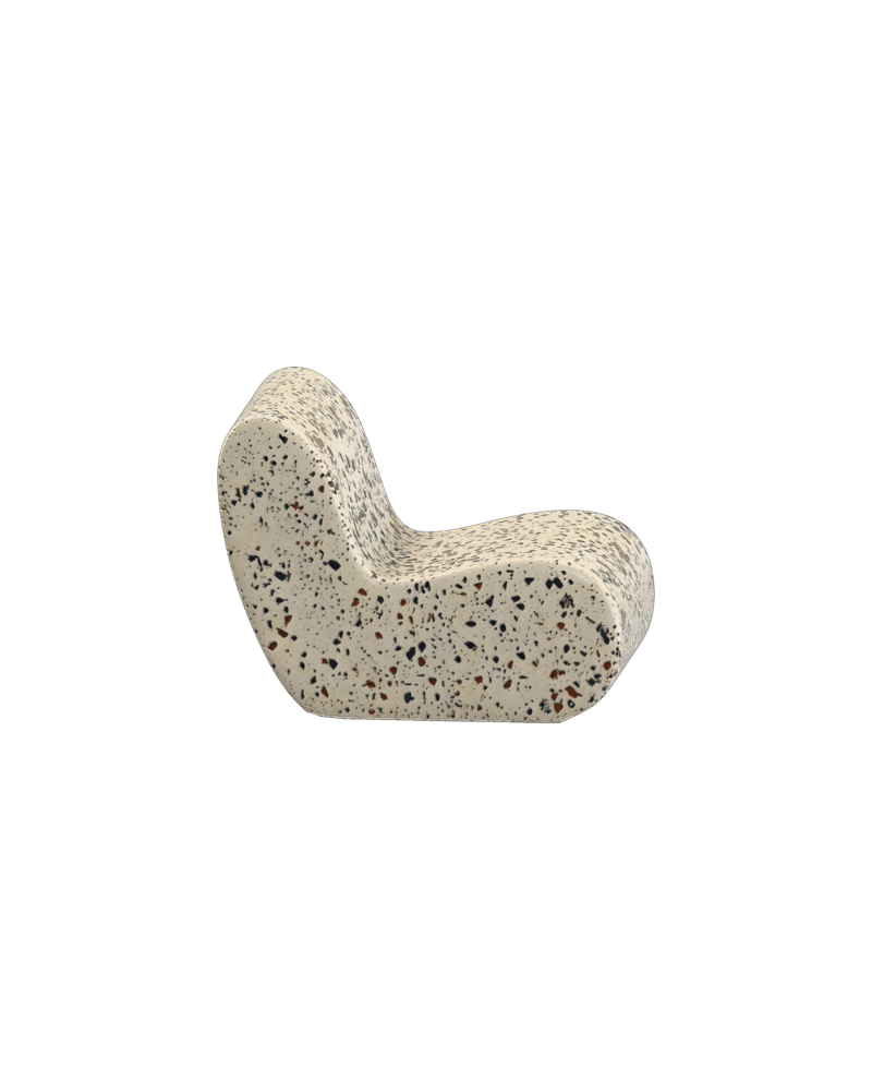 monolithic curved terrazzo lounge chair, cream base with rust green and charcoal aggregate, thick solid curved seat — rendered from a native tripo-3d 3D generation