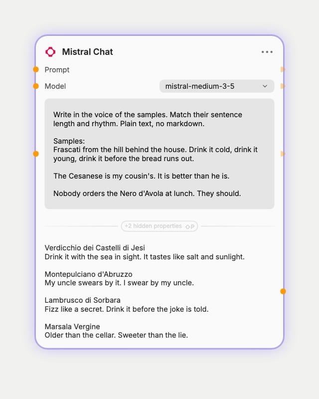 Mistral Chat node settings: mistral-medium-3-5, a system prompt holding three wine-list voice samples, and the wine notes it wrote