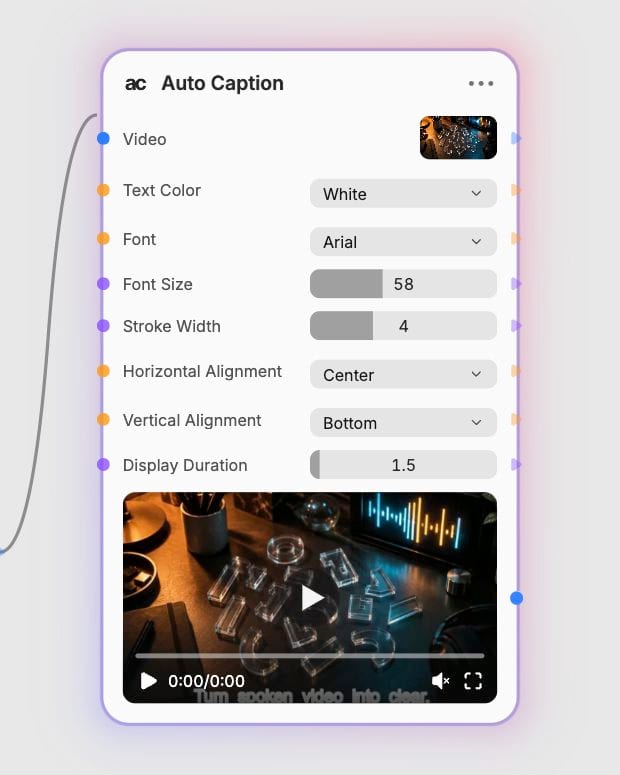 Auto Caption configured with white Arial text, size 58, stroke width 4, centered at the bottom for 1.5 seconds.