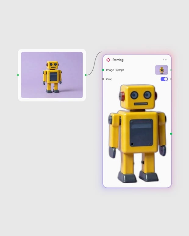 Real Fuser canvas connecting a dedicated yellow robot source to Rembg with Crop enabled.
