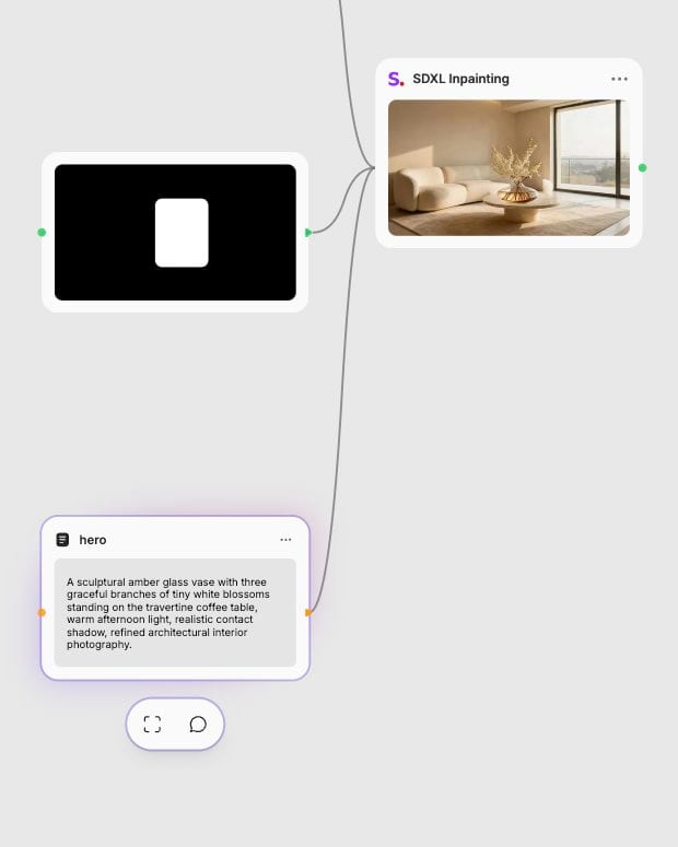 A focused vase-and-blossoms prompt connected from a Text node below the mask input in Fuser.
